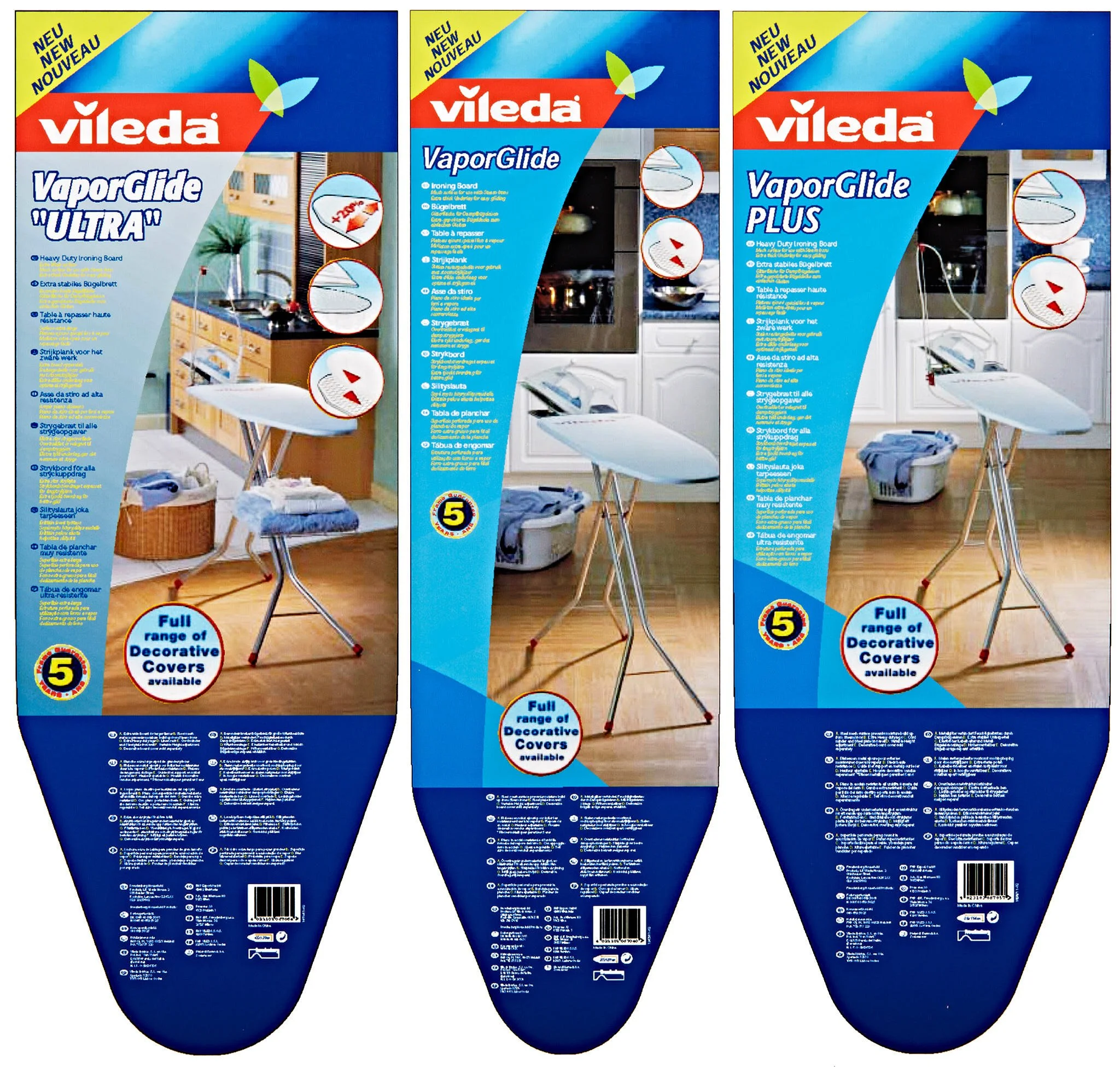 Three packages of Vileda vapor glide blue ironing boards with red and white accents showing different features and benefits, set in a kitchen with laundry items and appliances in the background.