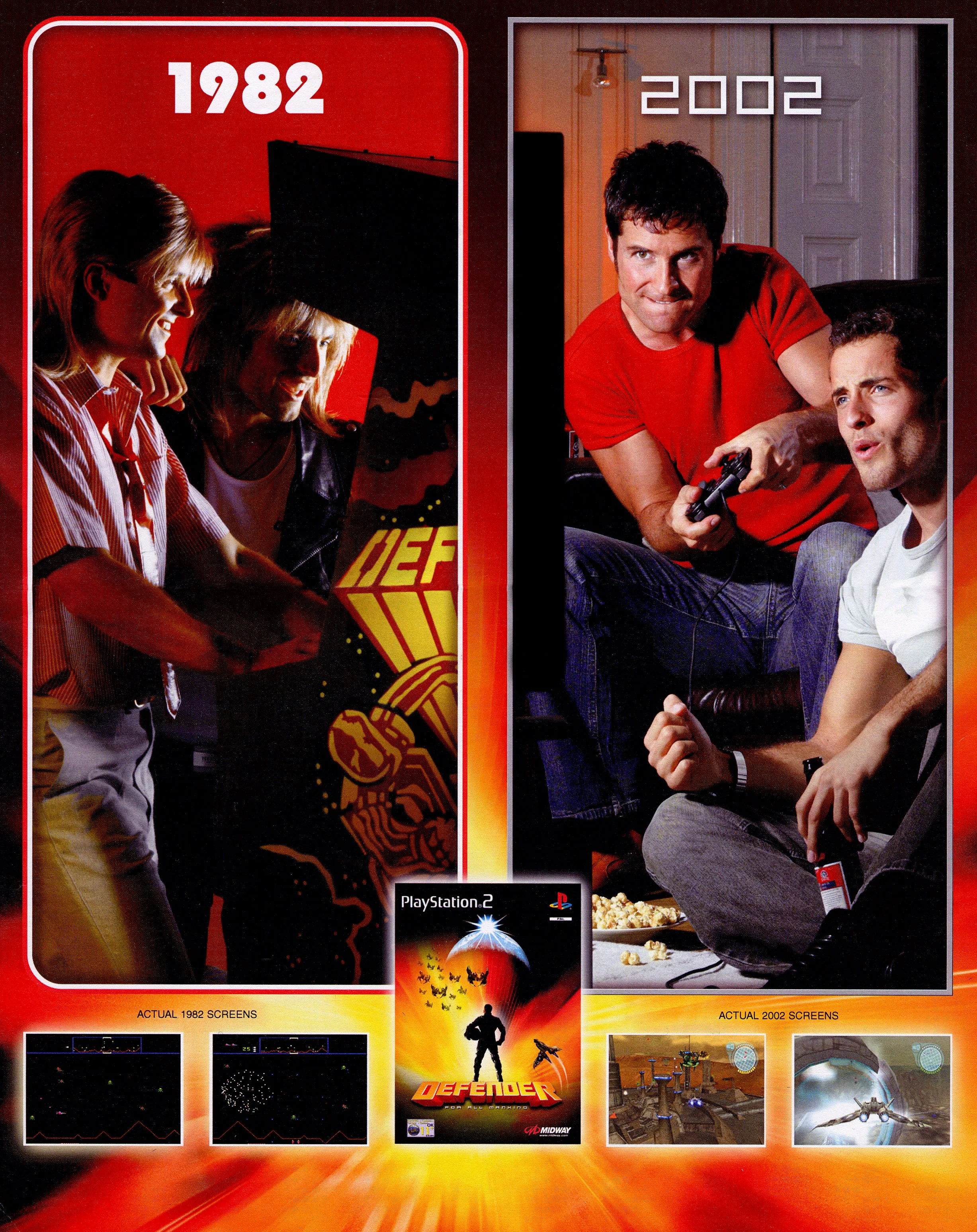 Comparison of actual screenshots from the video game 'Defender' for PlayStation 2, showing scenes from 1982 and 2002 with gameplay graphics, game cover art, and promotional images.