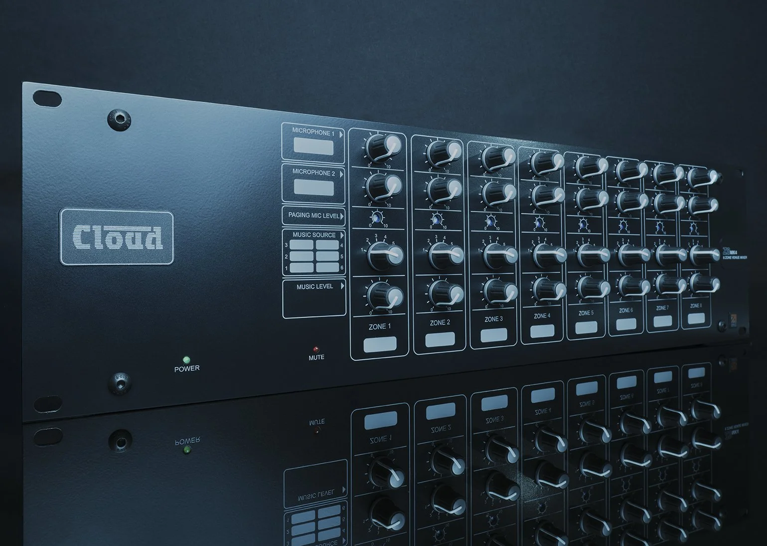 A professional audio mixer with multiple control knobs and switches, labeled 'Cloud', with power and mute indicator lights.