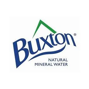Buxton Natural Mineral Water logo with green mountain peak and blue text.