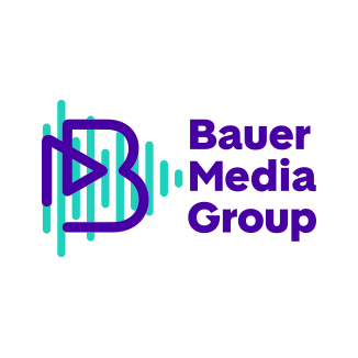 Logo for Bauer Media Group with stylized 'B' and 'D' and vertical lines in blue and purple
