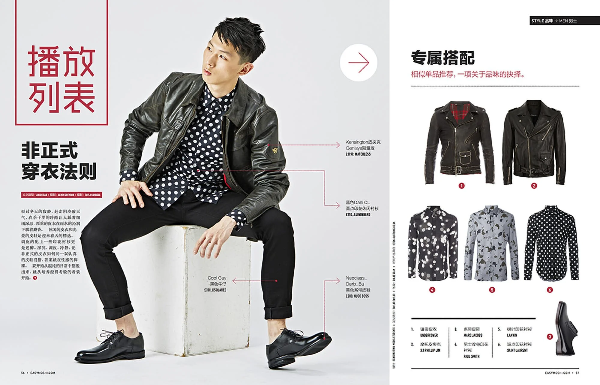 A man dressed in a black leather jacket, polka dot shirt, and black pants, sitting on a white stool against a white background, with a layout of various jackets and shirts on the right side of the image.