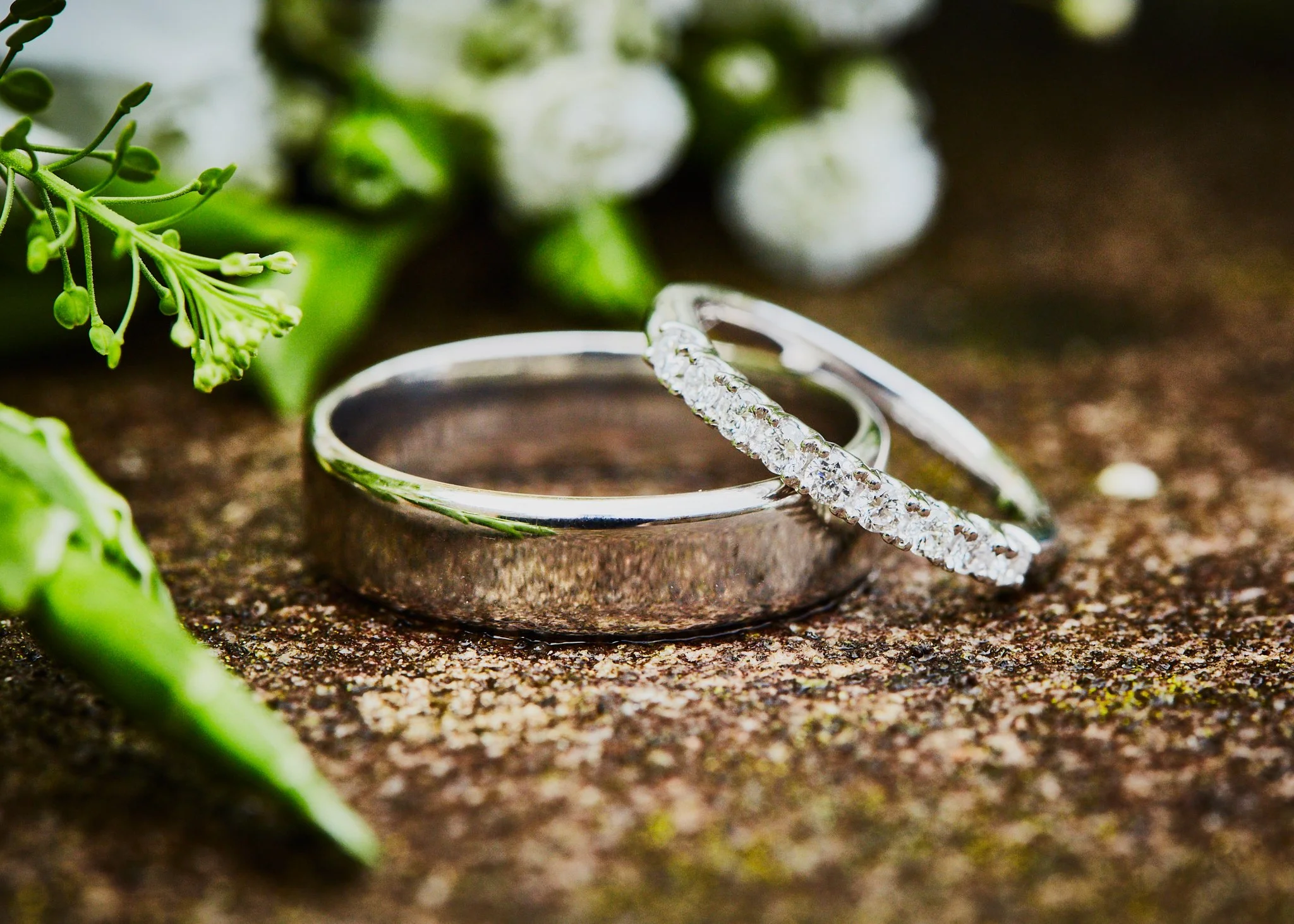 Close-up of two rings, one with diamonds, resting on a textured surface with green plants in the background.