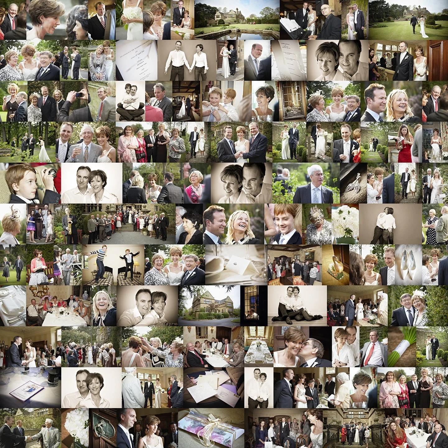 A collage of photos from a wedding celebration. Includes images of the bride and groom, wedding guests, reception, outdoor garden, and indoor events, with moments of dancing, dining, toasting, and exchanging vows at a grand estate.