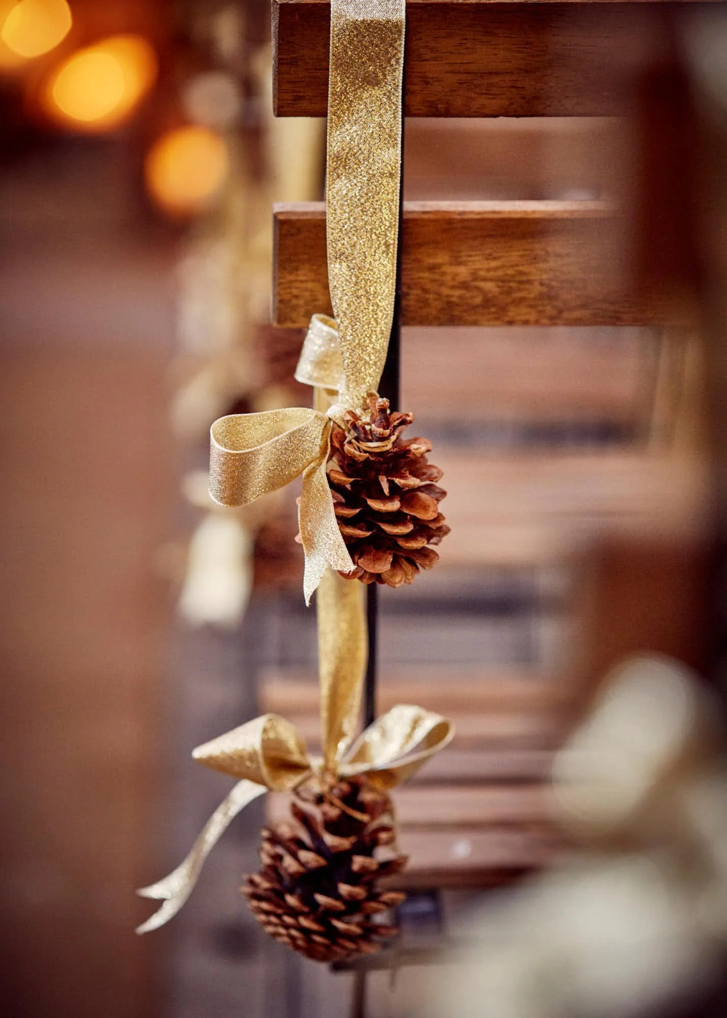 Close-up of a pine cone decorated with a gold glitter ribbon.