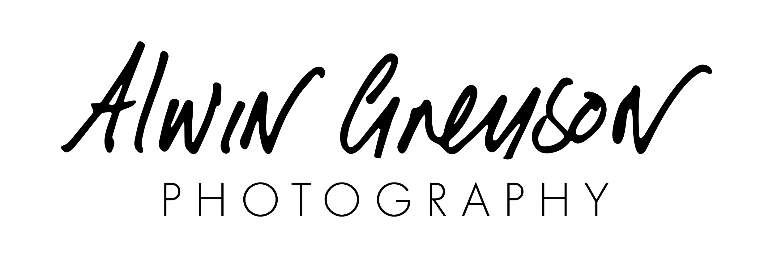 Black background with white cursive text reading "Alawn Cameron" and smaller block text below that reads "Photography".