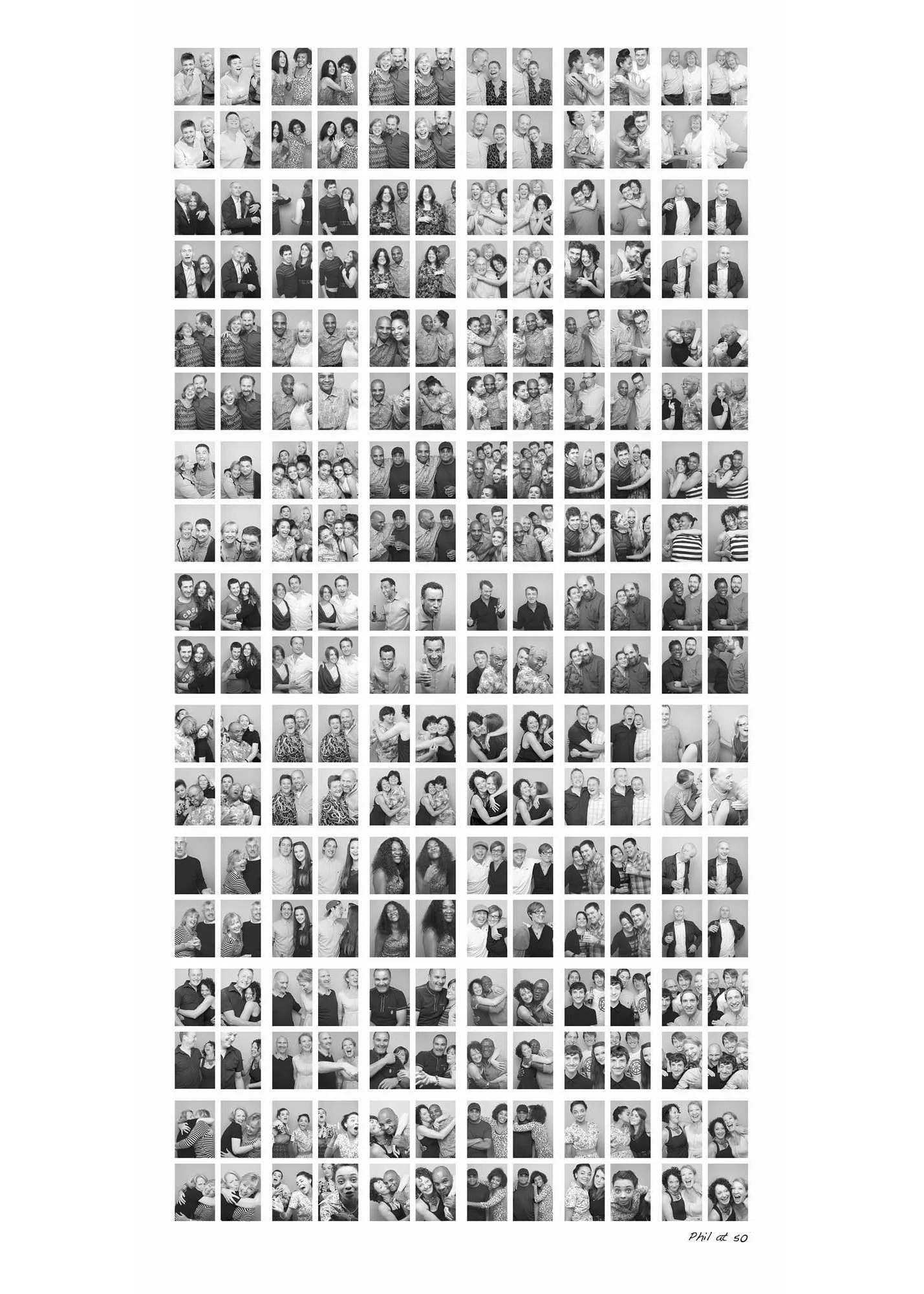 A collage of black-and-white photos of people, displaying various expressions and poses, with a handwritten note at the bottom right that reads 'Phil at 50'.