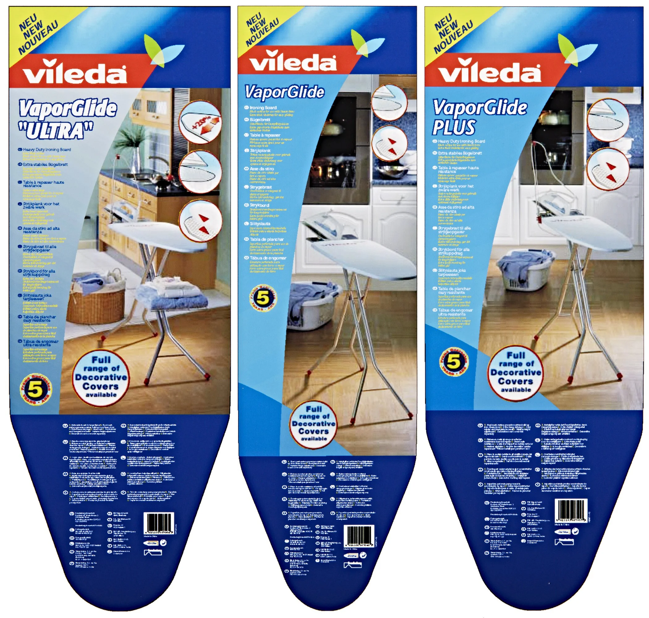 Three Vileda VaporGlide ironing board product packages with blue and red design, detailed instructions, and icons indicating features, set against a kitchen backdrop.