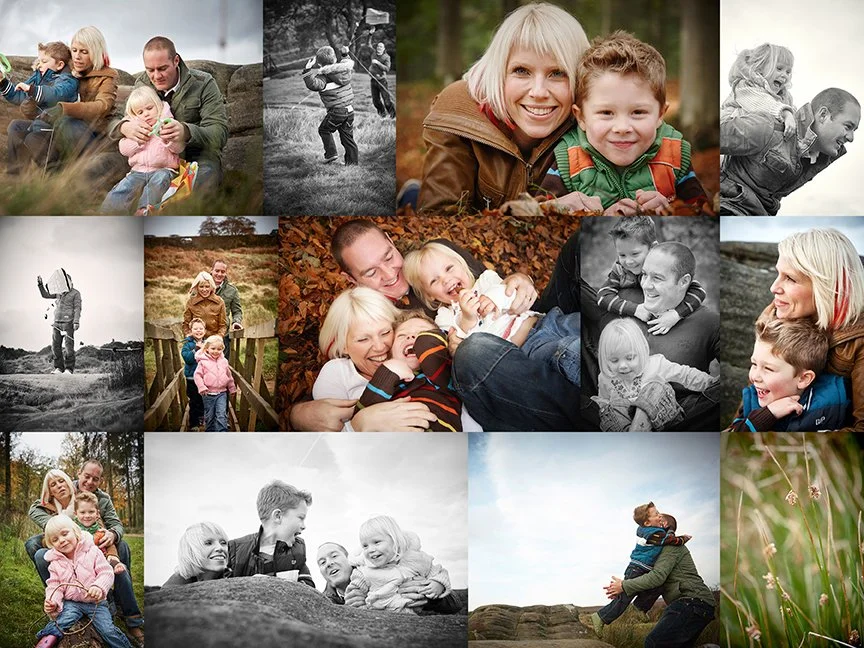 Collage of family moments outdoors, including children playing and adults embracing, with some images in black and white and others in color.