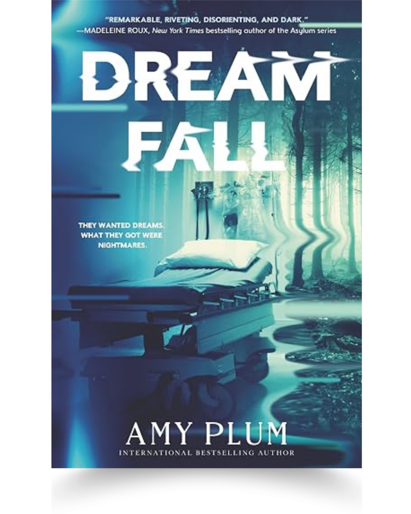Cover of the book titled "Dreamfall" by Amy Plum, featuring a misty blue and green forest scene with a fallen tree and a small figure walking between the trees.