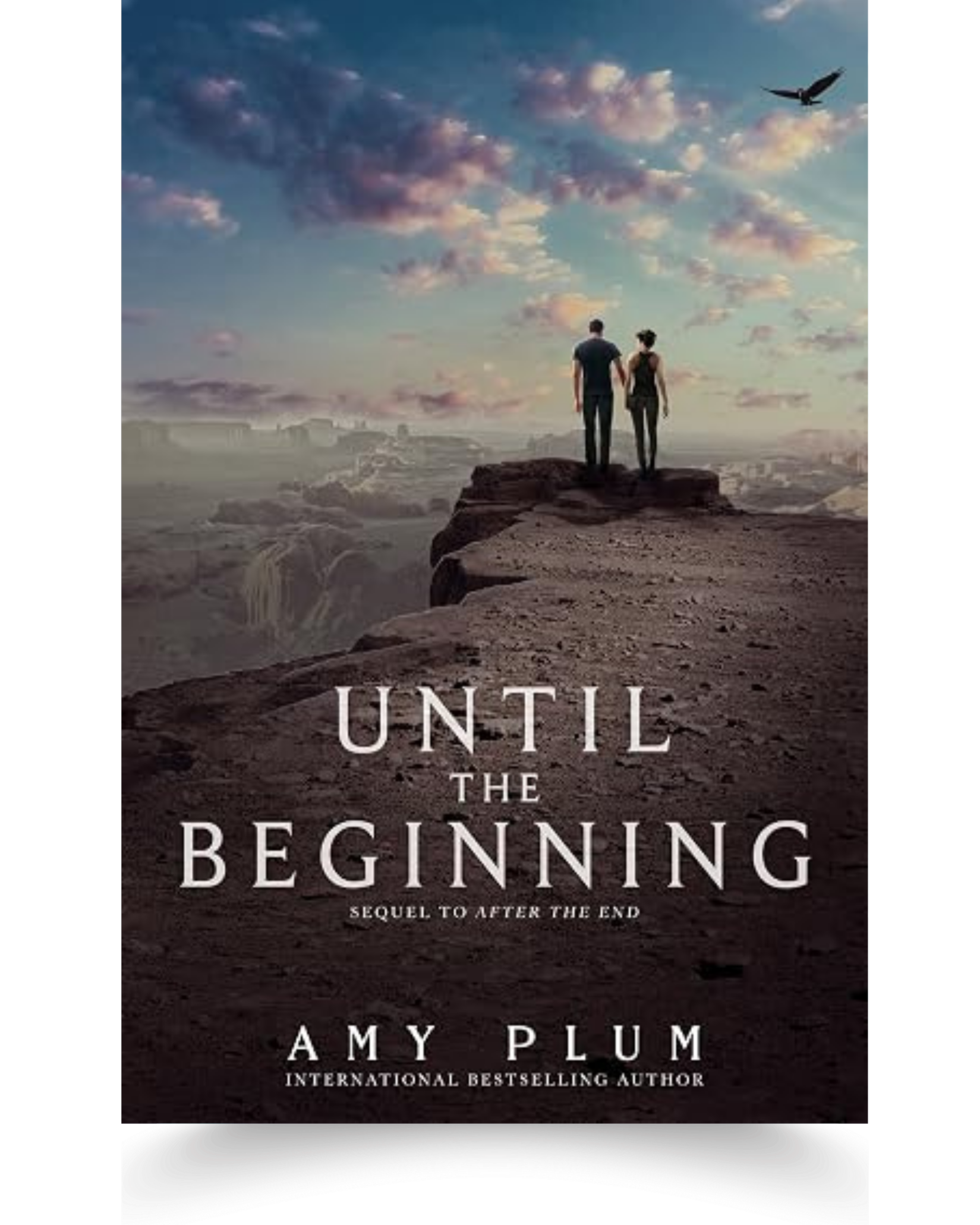 Book cover with a person and a woman holding hands standing on a rocky cliff beside a city under a colorful sky with clouds and a bird flying above. The title reads 'Until the Beginning' by Amy Plum.