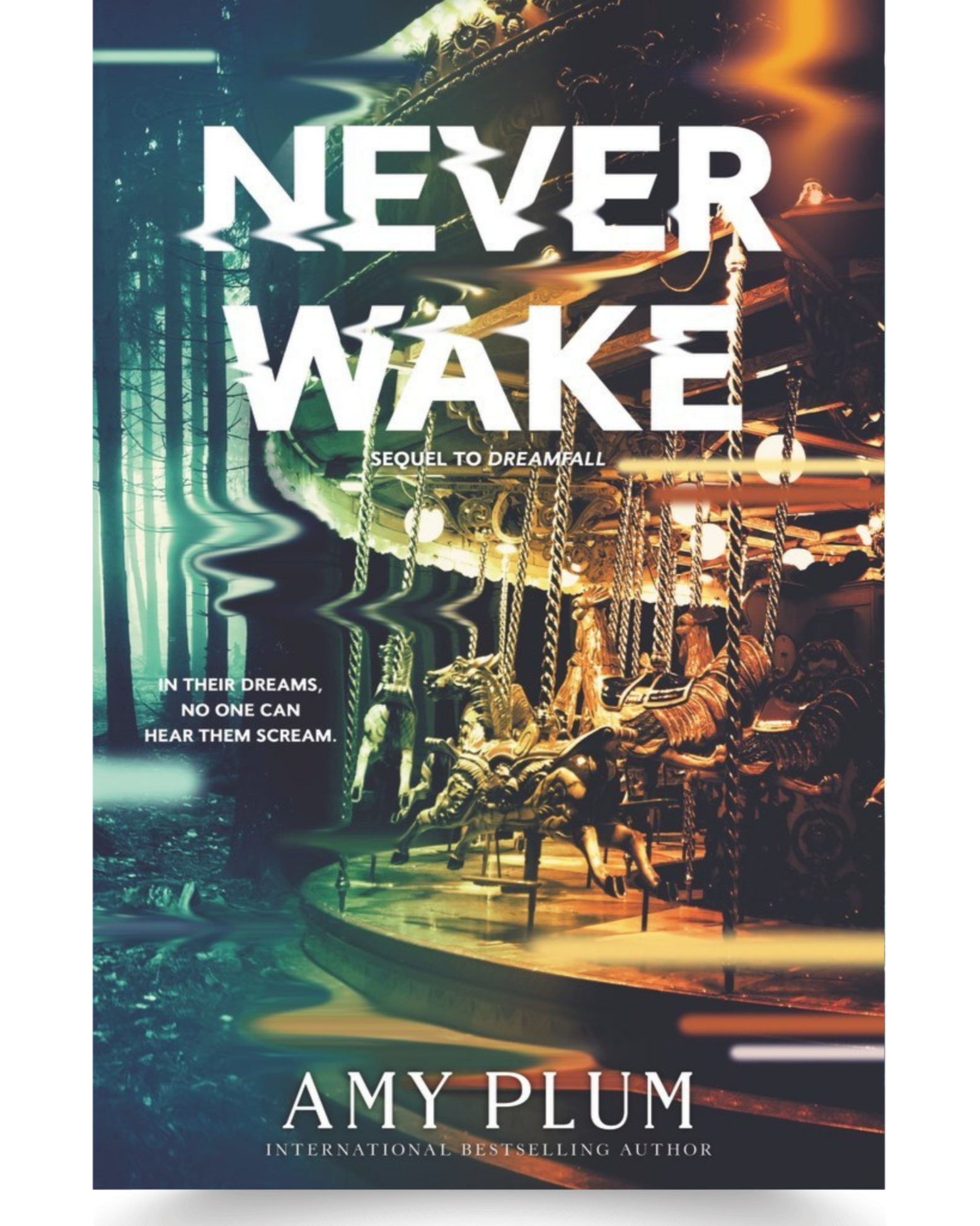 Book cover of 'Never Wake' by Amy Plum, featuring an abandoned carousel with glowing lights and a reflection in water.