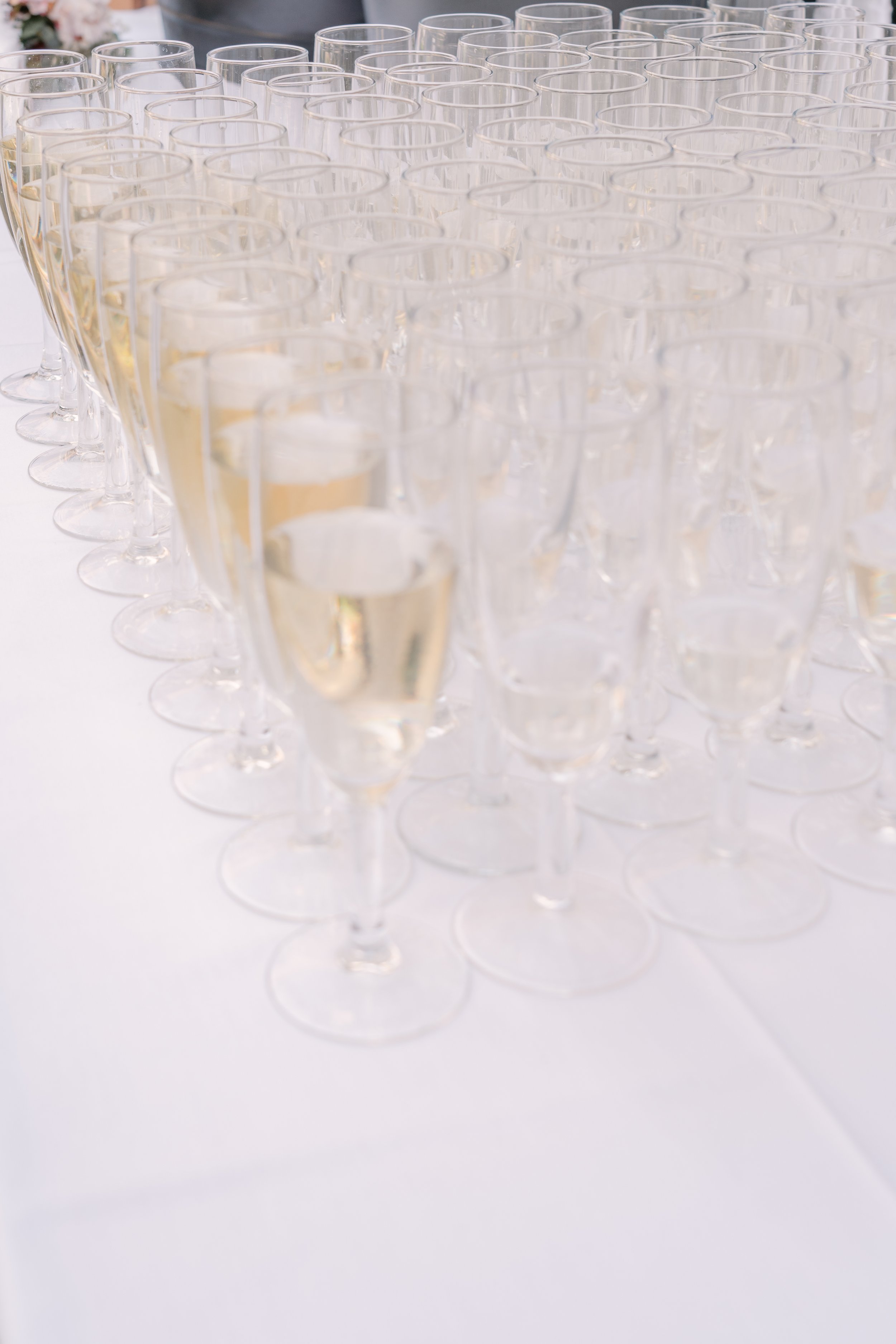 Multiple empty champagne flutes and a few filled with champagne arranged on a white table.