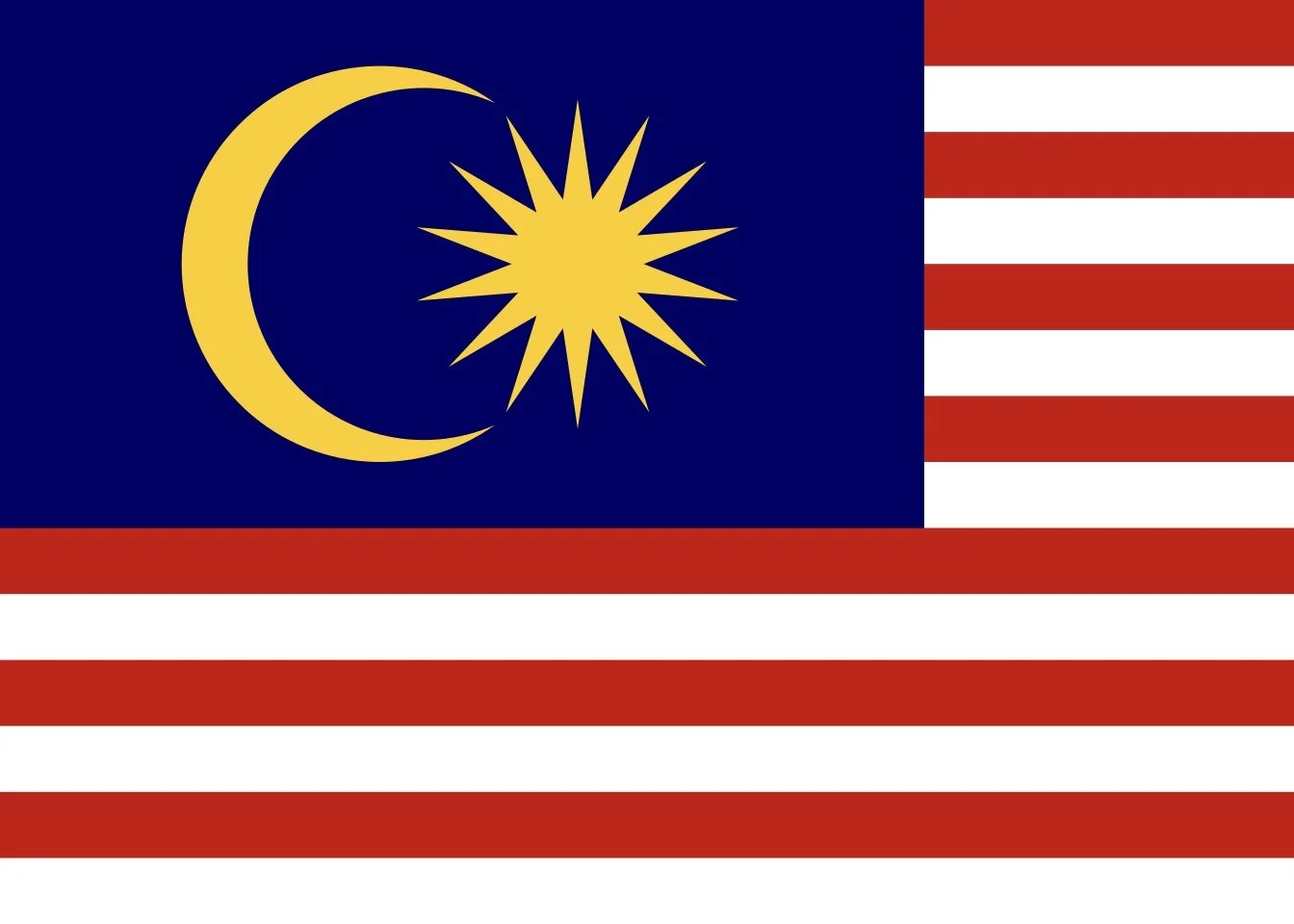 Flag of Malaysia with a blue canton featuring a yellow crescent moon and a 14-pointed star, and red and white horizontal stripes.