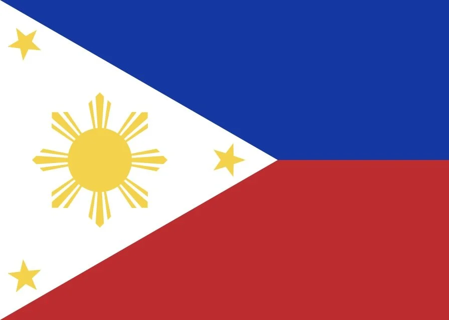 Flag of the Philippines, with a blue horizontal band at the top, a red band at the bottom, and a white triangle on the hoist side featuring a yellow sun and three yellow stars.