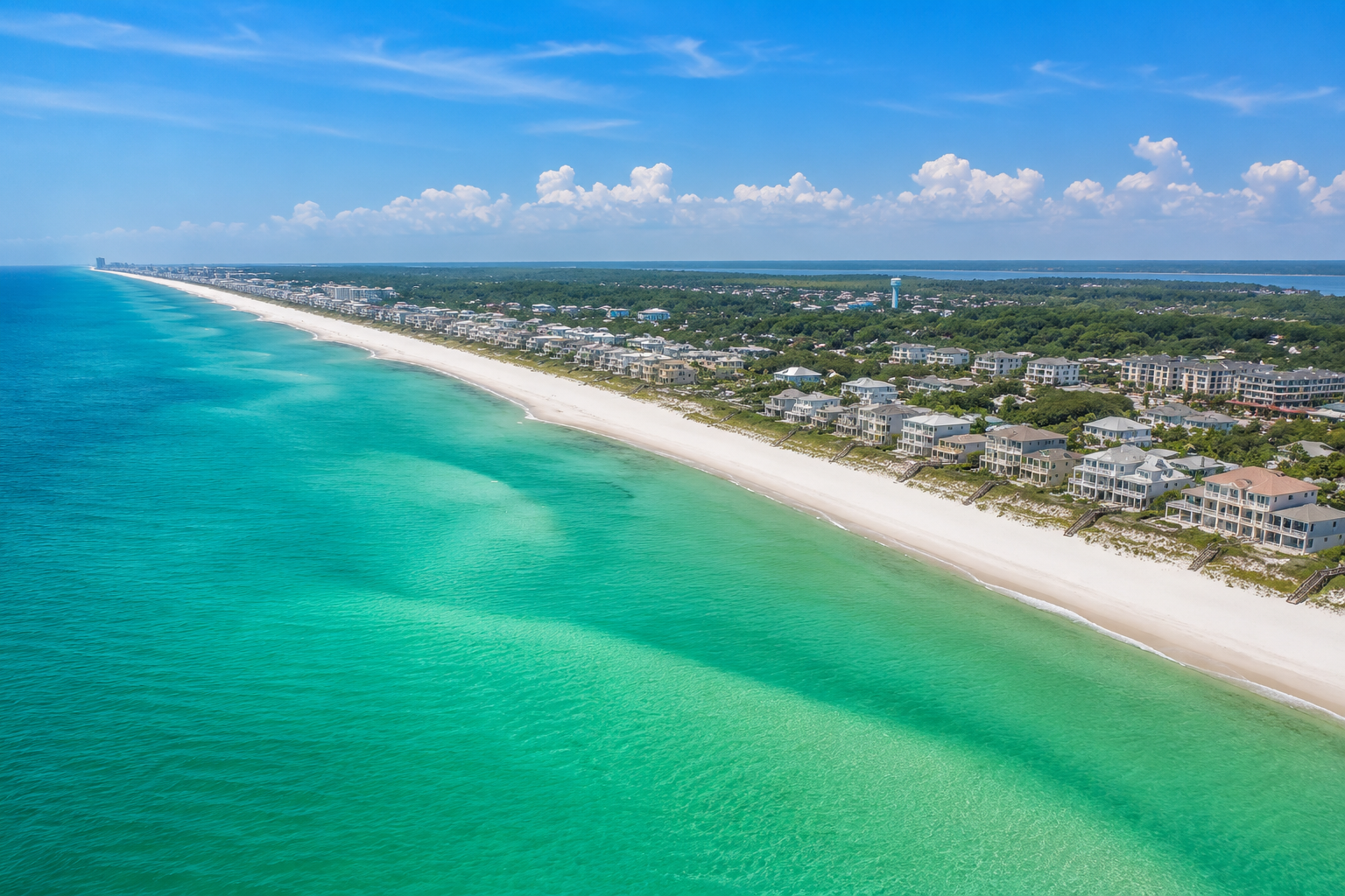 White sand beaches and emerald waters along Florida's Emerald Coast, where 321 Hibachi serves private dinners.