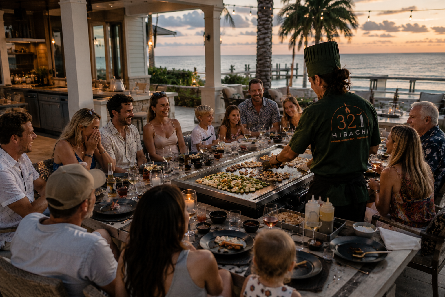Multi-generational family enjoying hibachi together during a Grayton Beach vacation.