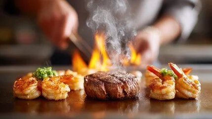 Surf and turf hibachi dinner featuring steak and seafood prepared fresh on-site.