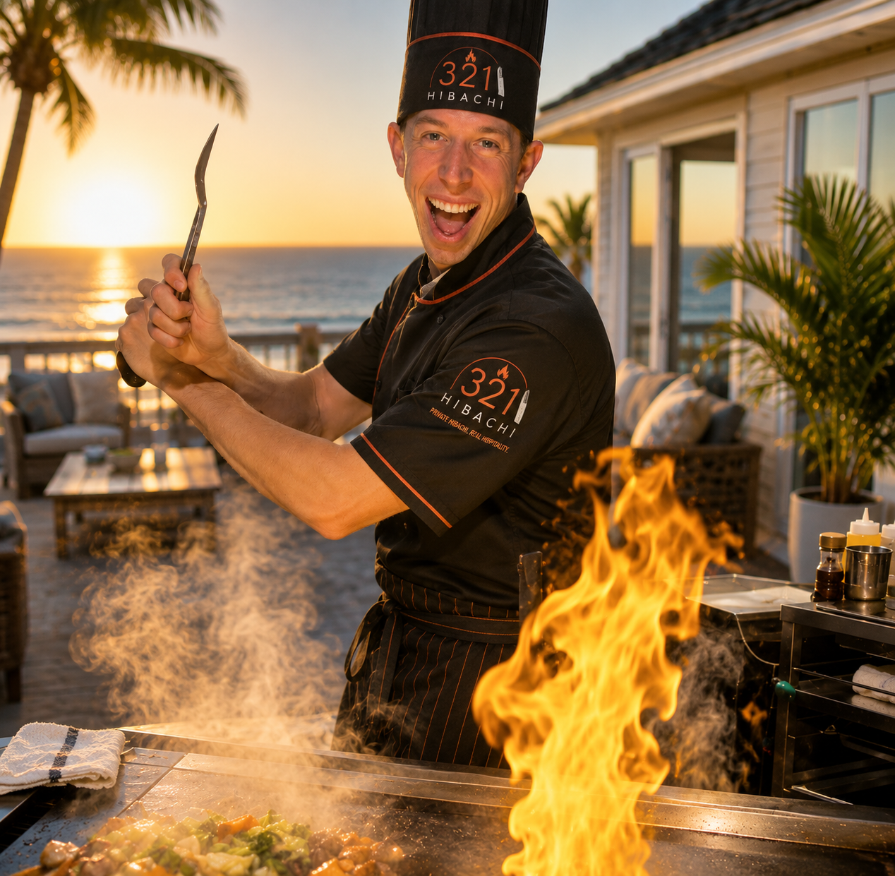 321 Hibachi chef performing signature fire tricks during an outdoor dinner experience.