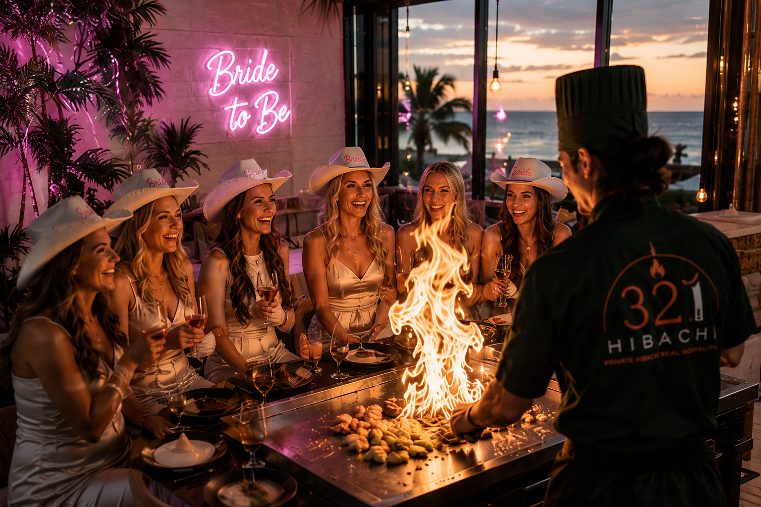 Friends celebrating a bachelorette party with a private hibachi experience in Rosemary Beach.