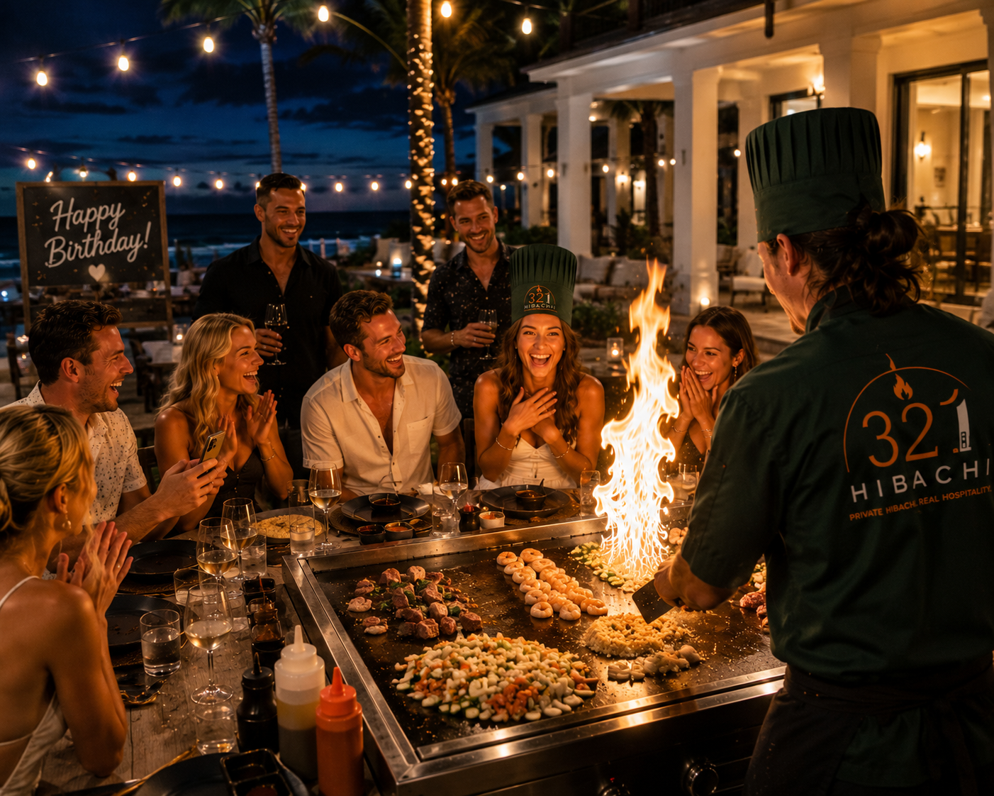 Hibachi chef cooking fresh dinner for guests at a 30A beach house.