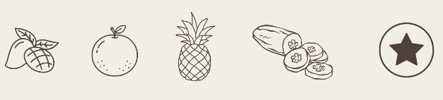 Dessins de fruits : noix de coco, orange, ananas, bananes, étoile