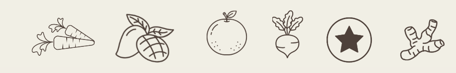 Illustration de six légumes et fruits : carottes, mangue, orange, navet, fruit avec une étoile, gingembre