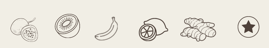 Illustration de fruits et d'herbes : fruit de kiwi, citron vert, banane, citron, gingembre, étoile