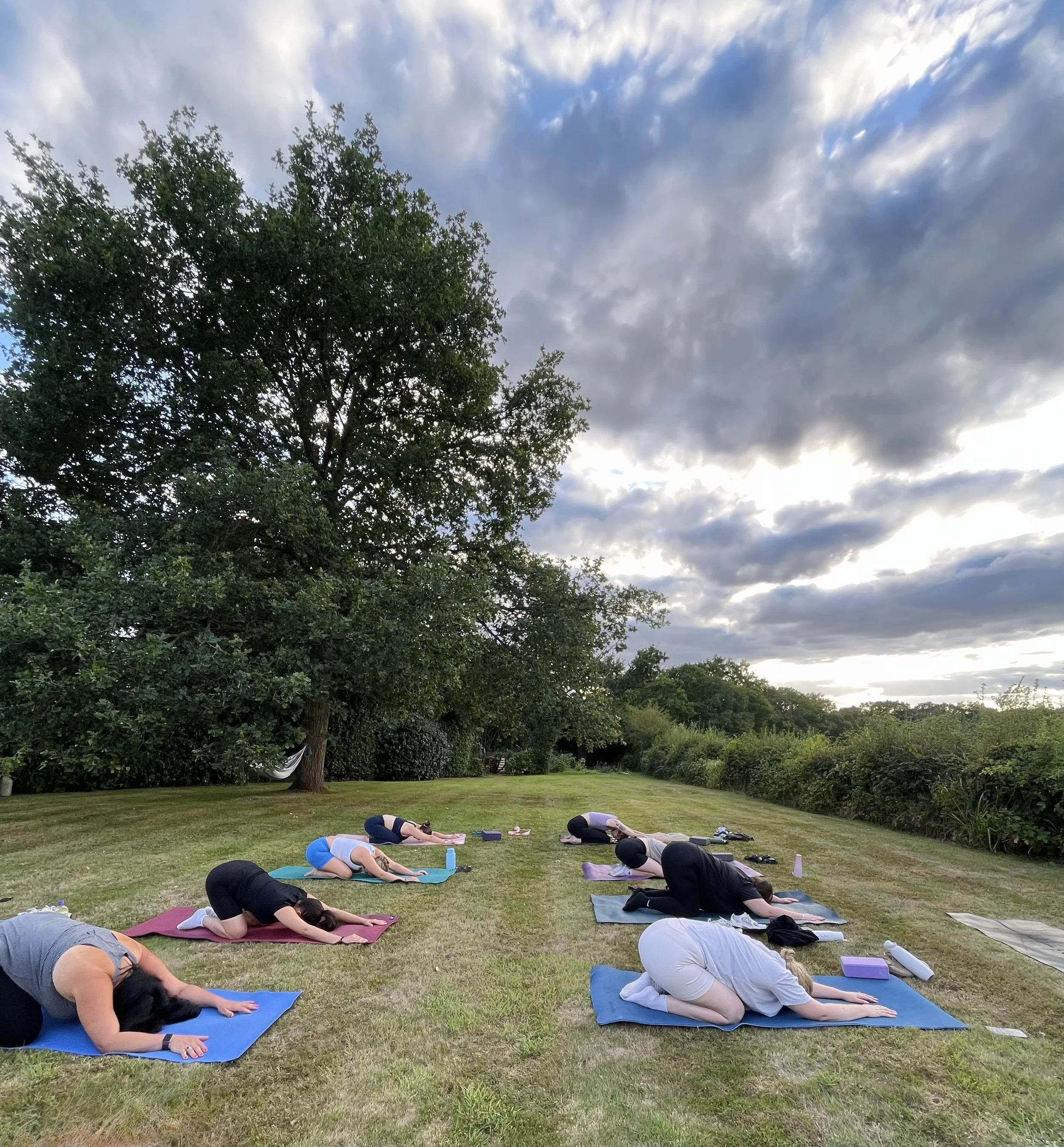 Group of people practicing yoga outdoors on mats in a grassy area, under a cloudy sky, with trees in the background.