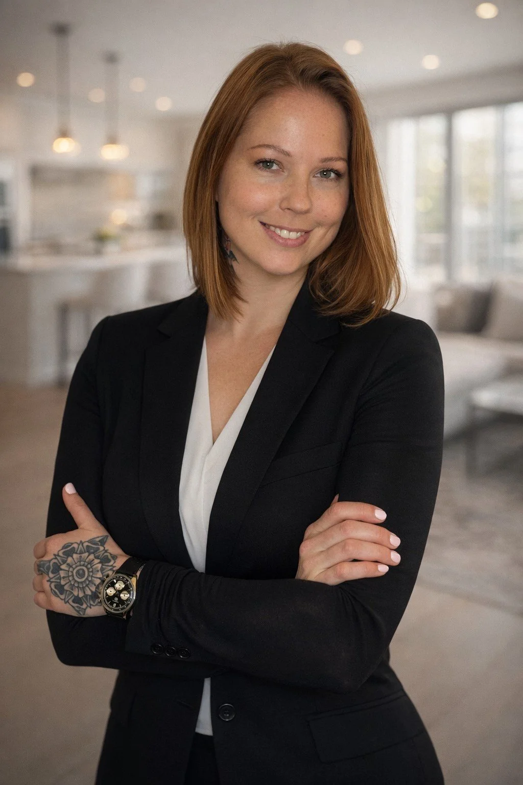 A woman with red hair wearing a black blazer and white top, standing with arms crossed in a bright, modern kitchen.