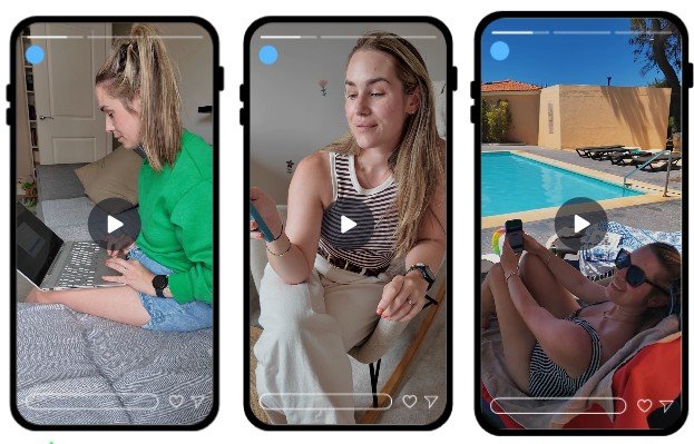 Three women engaging with their phones in different settings: the first on a bed indoors with a laptop, the second sitting on a chair outdoors, and the third relaxing by a pool while lying on a lounge chair.