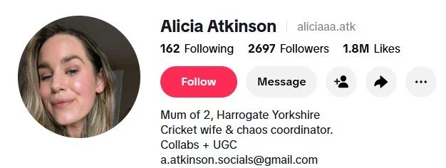Screenshot of a social media profile for Alicia Atkinson, showing her photo, name, followers, following, likes, and brief bio including her roles as a mum, cricket wife, and chaos coordinator.