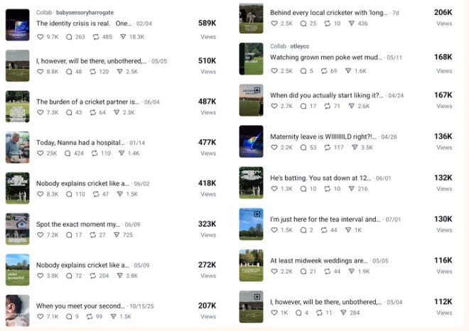 Compilation of YouTube video thumbnails about cricket, parenting, and personal experiences, with view counts and upload dates.