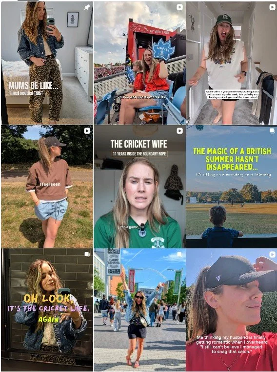 Collage of nine photos featuring women and young girls in various settings. The images include selfies, outdoor scenes, amusement park rides, and text overlays with humorous and reflective quotes about motherhood, summer, and relationships.
