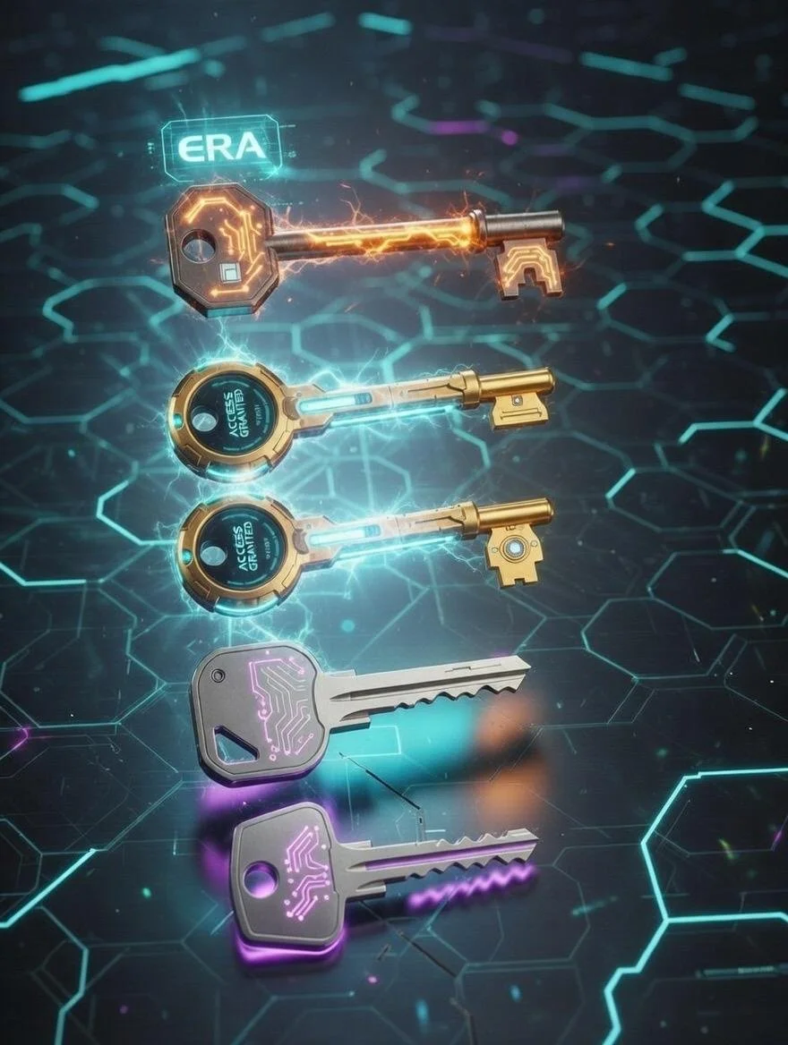 Four digital keys with glowing circuit patterns, set against a dark, hexagonal grid background, each with illuminated elements and a futuristic style.