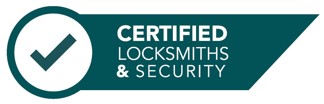 Badge with a checkmark and text that reads "Certified Locksmiths & Security"