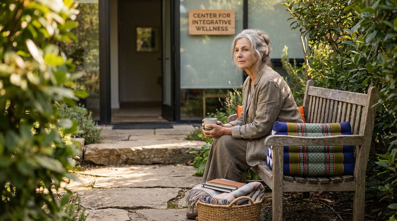 Une femme âgée assise sur un banc en bois dans un jardin, tenant une tasse, devant un centre de bien-être intégré. Elle a des cheveux gris ondulés et porte un blazer beige. Des livres et une couverture sont posés sur un panier en osier placé au sol à ses pieds.