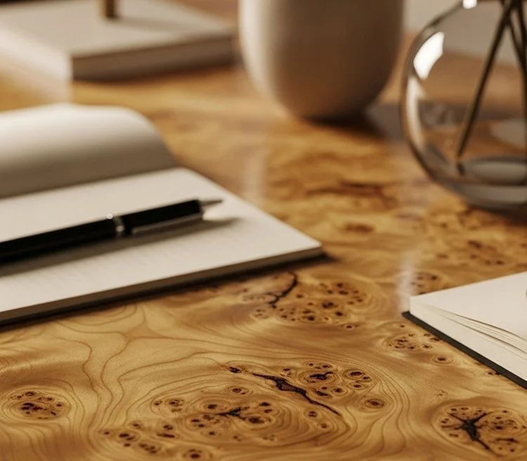 Un bureau en bois avec un cahier ouvert, un stylo posé dessus, ainsi que des livres, une tasse et une lampe ou un objet décoratif en arrière-plan.