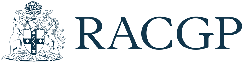 RACGP logo featuring a shield with a cross, a tree, a unicorn, a kangaroo, a lion, and a banner with Latin text.