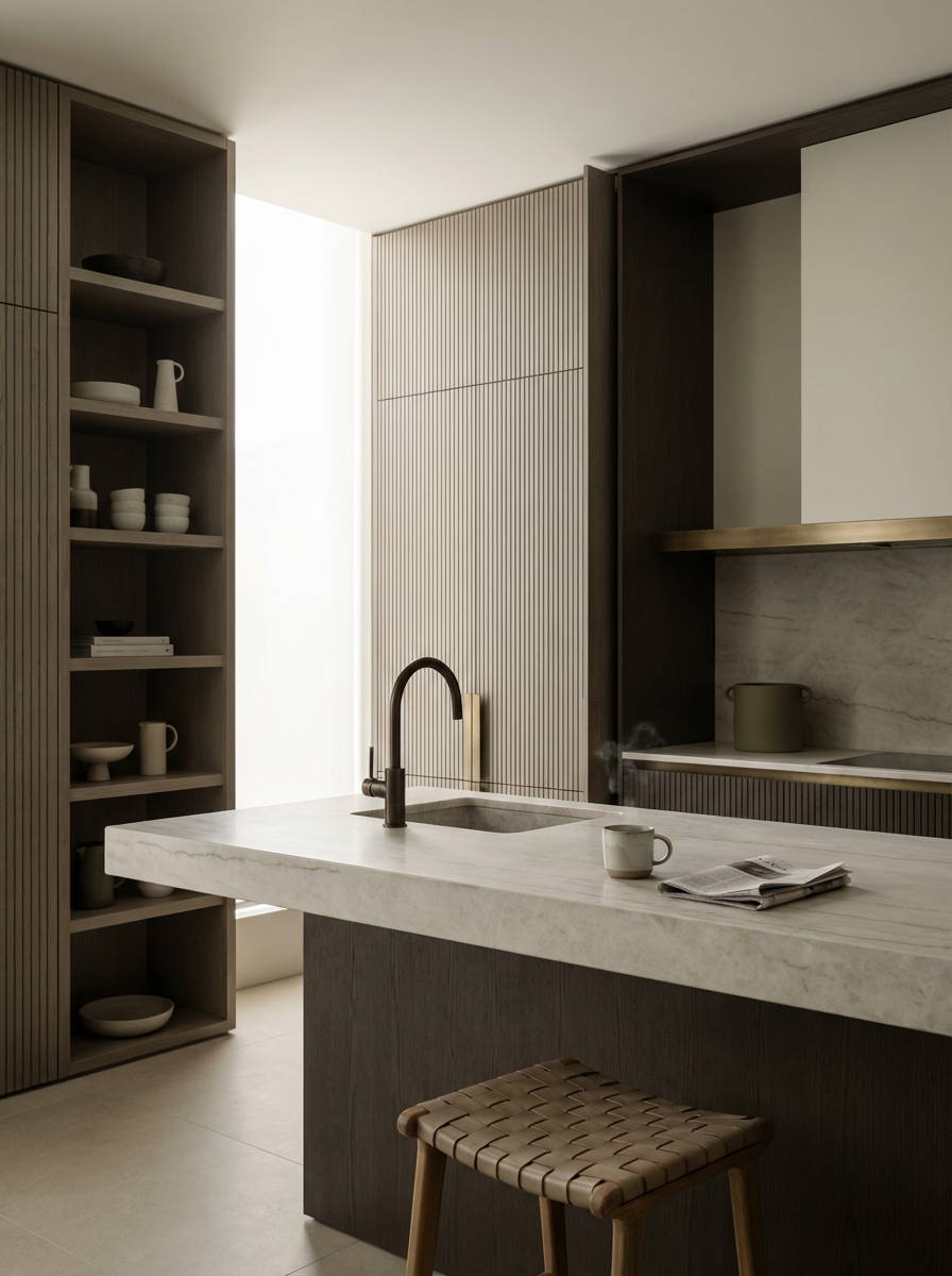 Modern kitchen with a marble countertop, dark wood cabinets, open shelves with dishware, and a woven stool. A sink with a black faucet, a mug, a newspaper, and a steaming pot are visible.