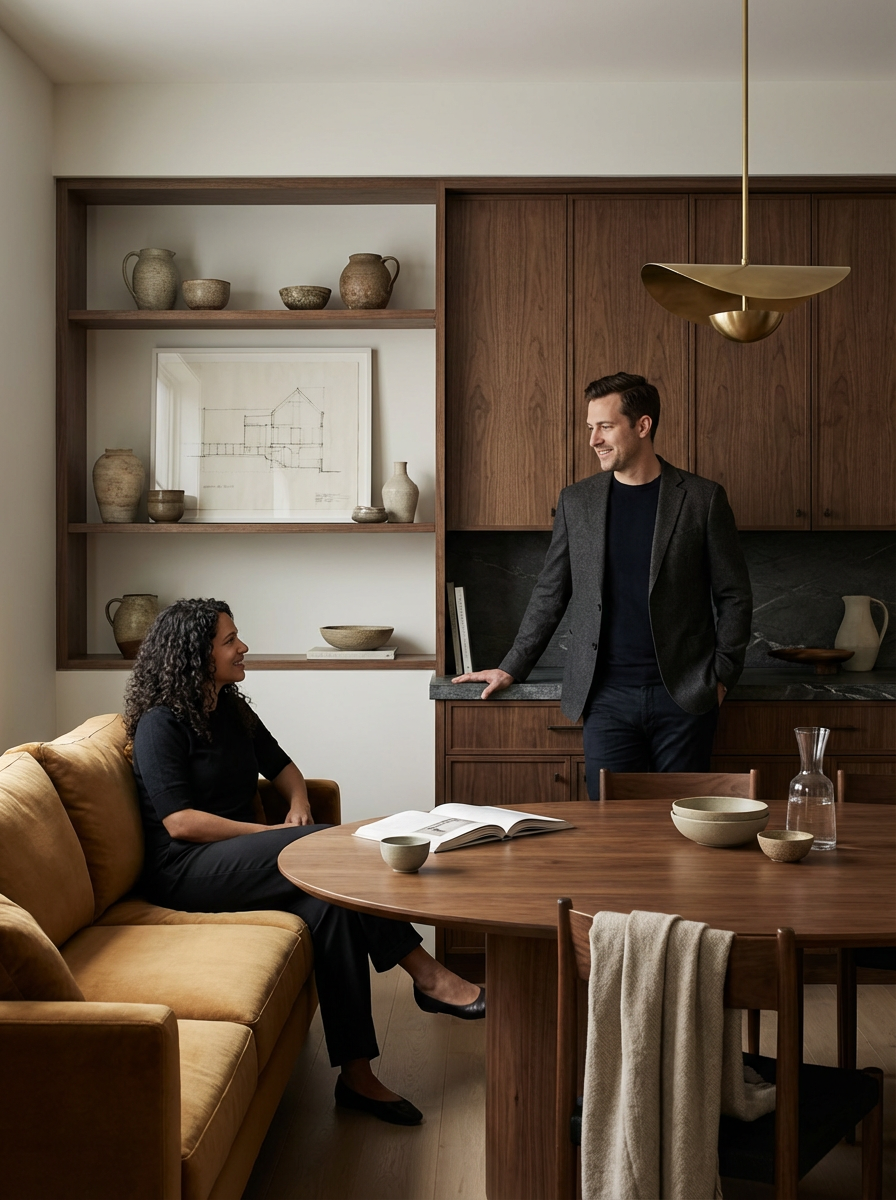 A man and woman having a conversation in a modern dining room with wooden cabinets, open shelving with pottery, and a round wooden table with bowls and a glass pitcher.