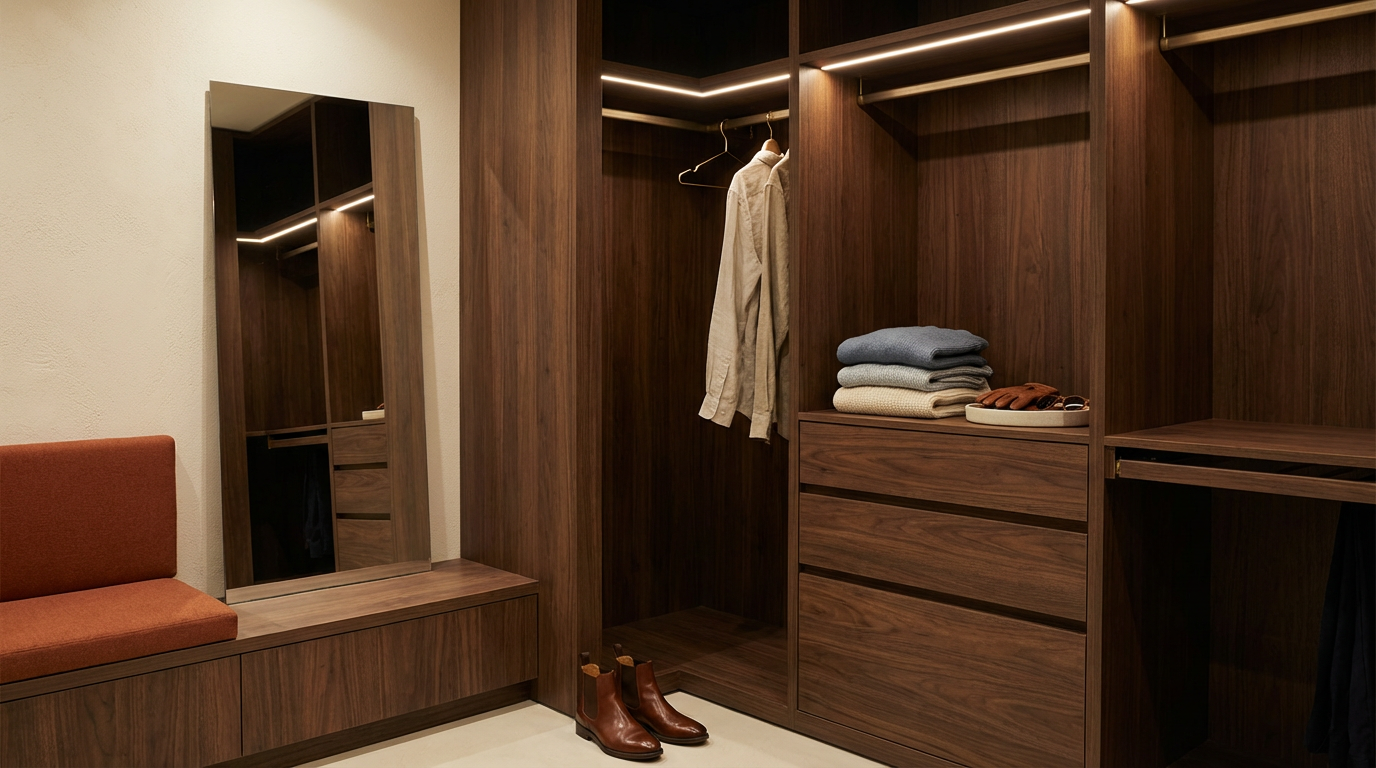 Empty wooden closet with hanging space, shelves, and drawers, some folded clothes, a pair of brown boots on the floor, a mirror, and a chair with an orange cushion.