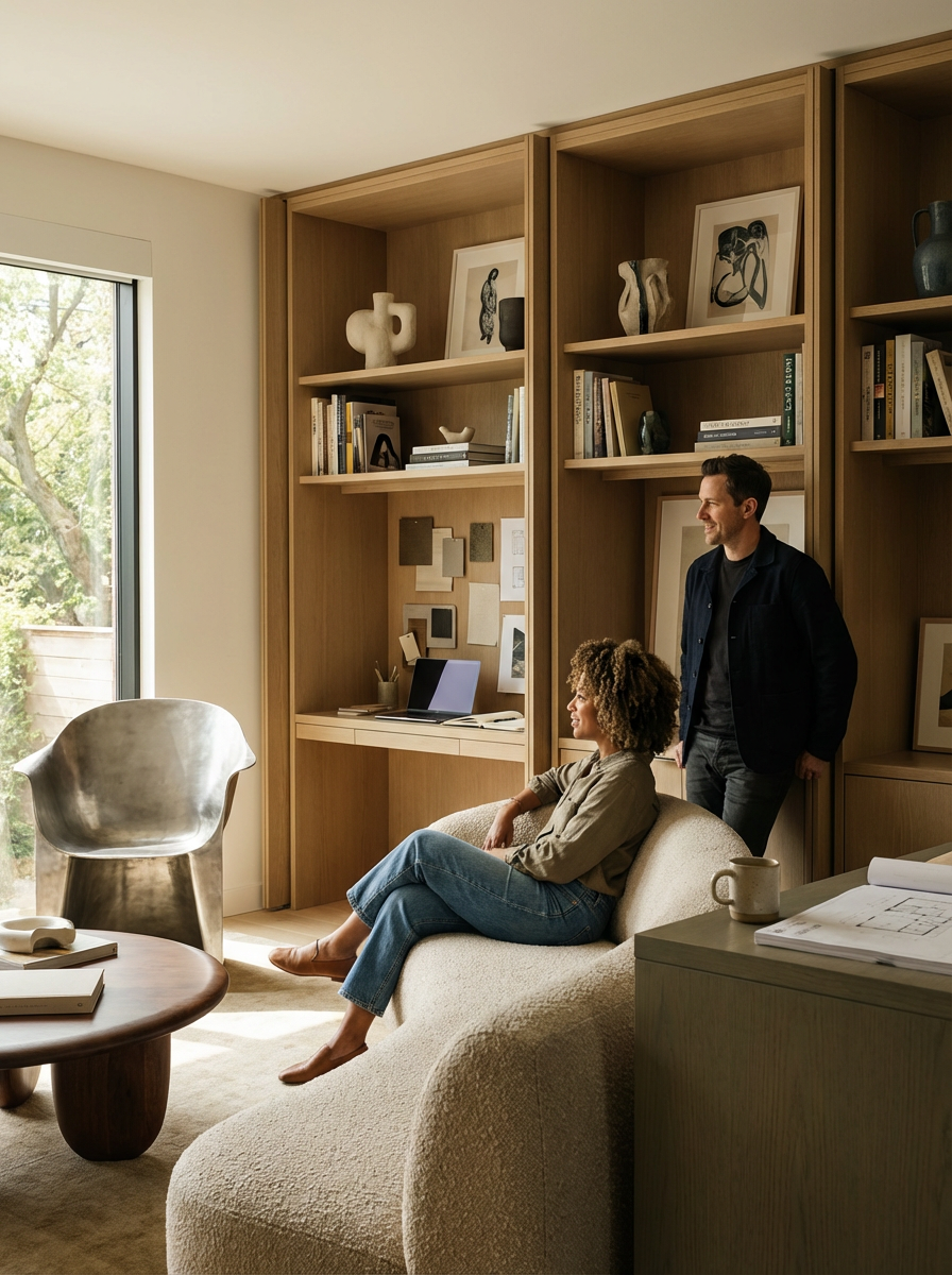 Two people in a living room with wooden shelving, artwork, and a large window with trees outside. One person is sitting on a beige sofa, and the other is standing nearby.