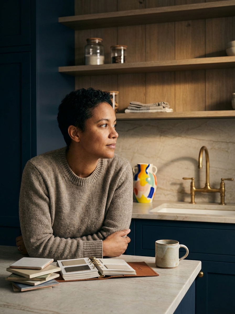 A woman with short black hair sitting at a kitchen counter, looking to the side. She is wearing a beige sweater, with books, a coffee mug, and a notepad in front of her. The kitchen features blue cabinets, open wooden shelves with jars, a colorful vase, and a brass faucet.