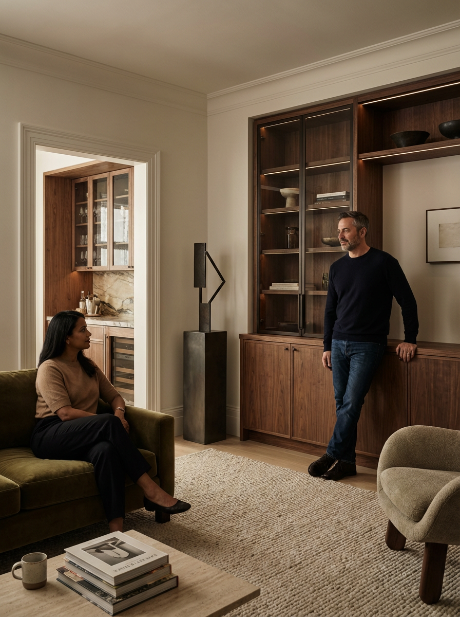 A woman sitting on a green sofa having a conversation with a man standing by a wooden cabinet in a living room.