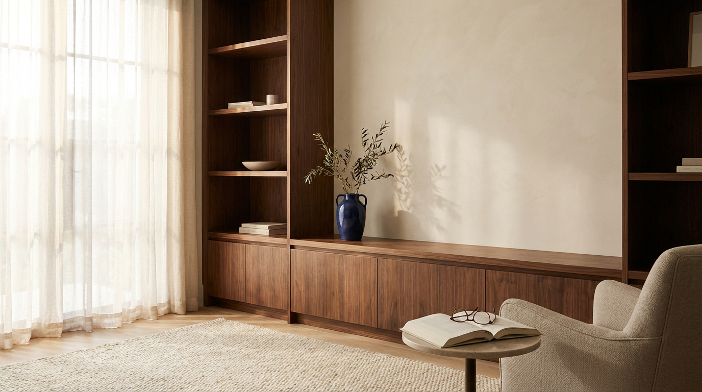 Living room with large wooden bookshelf, beige armchair with open book and glasses, blue vase with branches on a wooden cabinet, sheer curtains on window.