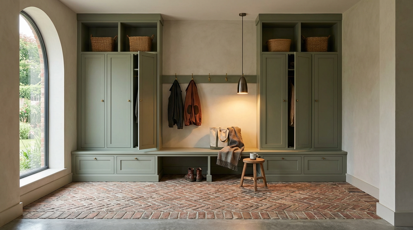 Mudroom with built-in green storage cabinets, lockers, hooks for hanging coats, and a bench, with a large arched window letting in natural light.