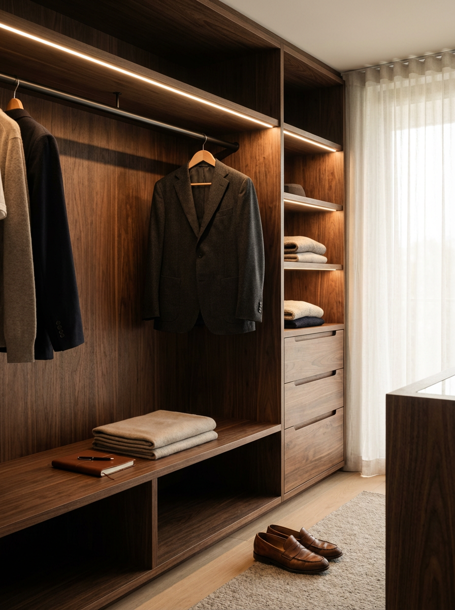 A walk-in closet with wooden shelves and drawers, containing folded clothes, hanging suits, and a pair of brown loafers on the floor near a beige rug.