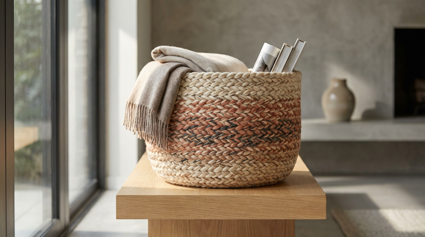 Woven basket with a folded blanket and magazines on a wooden table near a window.