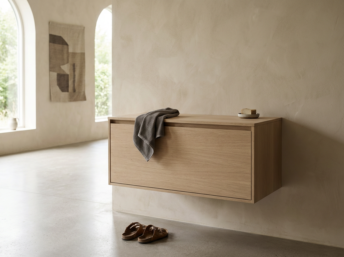 Minimalist wooden wall-mounted cabinet in a bright, modern room with large arched windows and a textured wall, with a grey cloth draped over the cabinet and a small dish with soap on top, and brown sandals on the floor nearby.